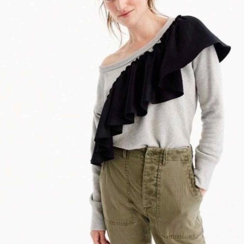 J Crew Asymmetrical Ruffle Sweatshirt Gray Black. Size S